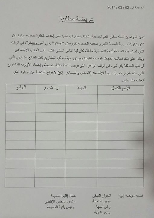 حسيميون يدعون إلى إحداث مشاريع تنموية حقيقية توفر فرص الشغل للشباب وإعطائها الأولوية بدل الكورنيشات حسيميون يدعون إلى إحداث مشاريع تنموية حقيقية توفر فرص الشغل للشباب وإعطائها الأولوية بدل الكورنيشات