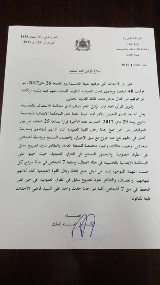 وثيقة.. الوكيل العام للملك بالحسيمة: اعتقل 40 شخصا وتم متابعة 32 منهم بهذه التهم