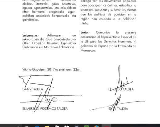 هذه مضامين مذكرة مطلبية حول أحداث الريف رفعتها أربعة أحزاب الى البرلمان الباسكي هذه مضامين مذكرة مطلبية حول أحداث الريف رفعتها أربعة أحزاب الى البرلمان الباسكي