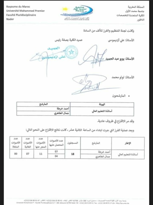 الدكتور الناظوري أحمد خرطة يظفر بمقعد "تمثيل أساتذة التعليم العالي" داخل مجلس جامعة بوجدة الدكتور الناظوري أحمد خرطة يظفر بمقعد "تمثيل أساتذة التعليم العالي" داخل مجلس جامعة بوجدة