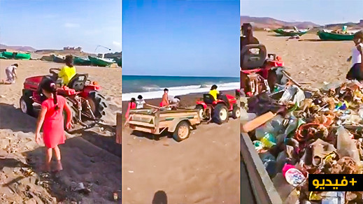 أسرة صغيرة تجري حملة نظافة واسعة بواسطة "جرار" بأرجاء شاطئ بتمسمان