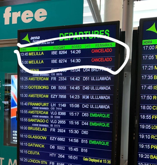 إلغاء عدد من الرحلات الجوية من وإلى مطار مليلية بسبب الرياح القوية التي تعرفها المدينة إلغاء عدد من الرحلات الجوية من وإلى مطار مليلية بسبب الرياح القوية التي تعرفها المدينة