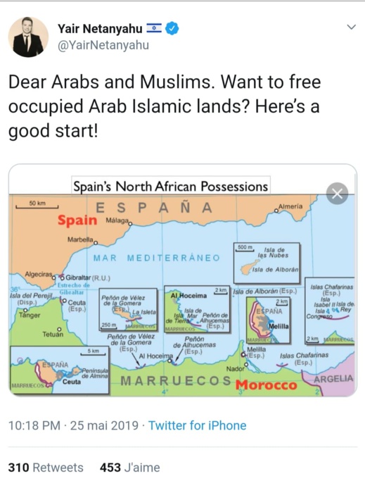 ابن رئيس الوزراء الإسرائيلي: إذا أردتم تحرير بلاد محتلة إبدأوا بمليلية وسبتة ابن رئيس الوزراء الإسرائيلي: إذا أردتم تحرير بلاد محتلة إبدأوا بمليلية وسبتة