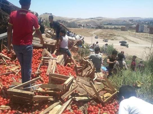 شاهدوا بالفيديو.. انقلاب شاحنة محملة بالخضر والفواكه كانت قادمة الى الناظور وحمولتها تتعرض للنهب
