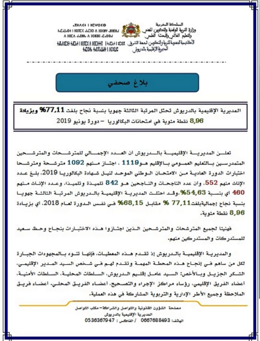 الدريوش تحتل المرتبة الثالثة جهويا.. نسبة النجاح في البكالوريا تجاوزت 77 بالمائة الدريوش تحتل المرتبة الثالثة جهويا.. نسبة النجاح في البكالوريا تجاوزت 77 بالمائة