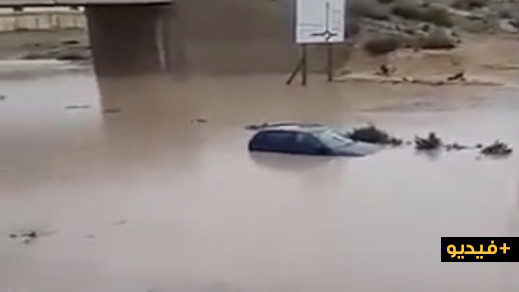 شاهدوا.. غرق سيارتين بطريق العروي بسبب الأمطار الغزيرة