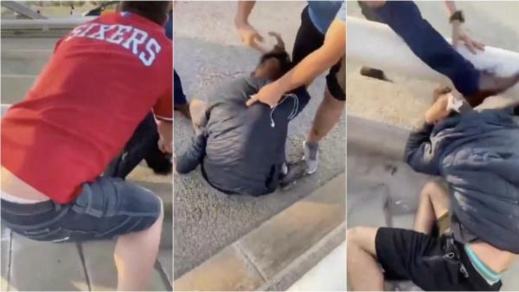 شاهدوا.. إسبان ينهالون بالضرب على مهاجر مغربي حاول سرقة سيدة مسنة 
