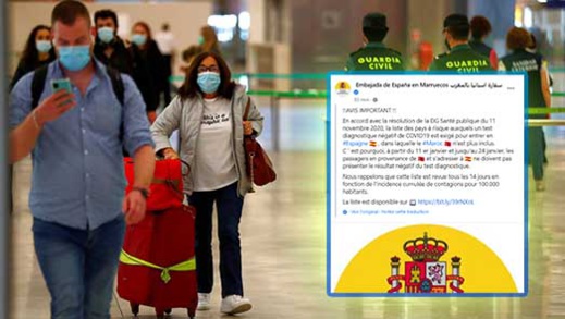 إسبانيا تُسقط المغرب من لائحة البلدان المعرّضة للخطر وتعفي القادمين منه من "تحليلة كورونا" إسبانيا تُسقط المغرب من لائحة البلدان المعرّضة للخطر وتعفي القادمين منه من "تحليلة كورونا"