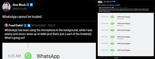 "واتساب" يشغل الميكروفون تلقائيا.. وملياردير يعلق.. لا يمكن الوثوق في التطبيق "واتساب" يشغل الميكروفون تلقائيا.. وملياردير يعلق.. لا يمكن الوثوق في التطبيق