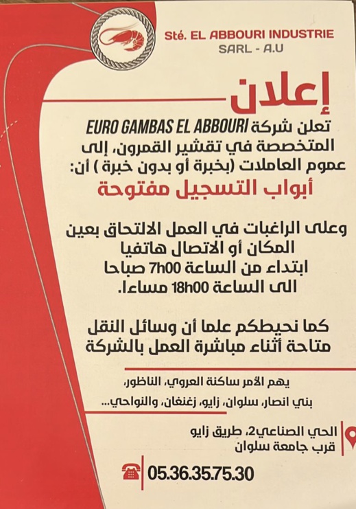 فرص عمل للنساء.. شركة تقشير القمرون بسلوان تبحث عن عاملات فرص عمل للنساء.. شركة تقشير القمرون بسلوان تبحث عن عاملات