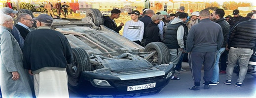 إصابات وخسائر مادية جسيمة إثر انقلاب سيارة في الطريق نحو مطار العروي إصابات وخسائر مادية جسيمة إثر انقلاب سيارة في الطريق نحو مطار العروي