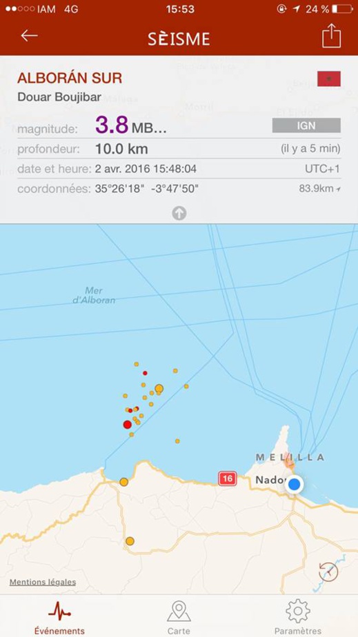 هزة أرضية أخرى تسجل بسواحل الريف وبؤرتها تبعد ب 25 كلم عن اليابسة هزة أرضية أخرى تسجل بسواحل الريف وبؤرتها تبعد ب 25 كلم عن اليابسة