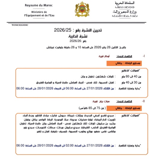 الأرصاد الجوية تحذر من تساقطات مهمة في الحسيمة ورياح عاتية في الناظور والدريوش الأرصاد الجوية تحذر من تساقطات مهمة في الحسيمة ورياح عاتية في الناظور والدريوش