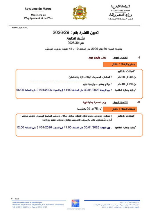 نشرة برتقالية: أمطار تصل إلى 60 ملم بالحسيمة ورياح عاصفية تضرب الناظور والدريوش نشرة برتقالية: أمطار تصل إلى 60 ملم بالحسيمة ورياح عاصفية تضرب الناظور والدريوش