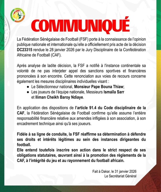 رسميا: الاتحاد السنغالي يرضخ لعقوبات "الكاف" ويتراجع عن الاستئناف