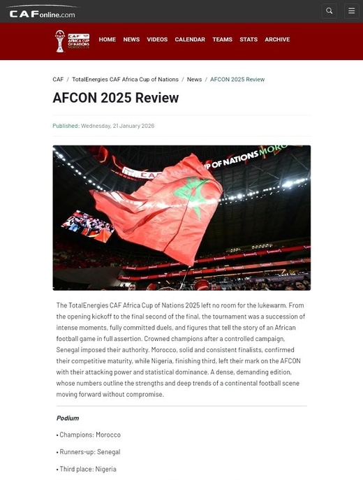 الموقع الرسمي للكاف يُتوج المغرب بطلاً لأفريقيا