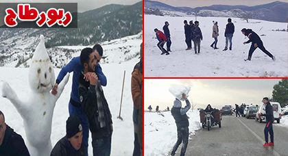المئات يزورون تمسمان للاستمتاع بالمناظر الخلابة التي رسمها الثلج على مرتفعات جبل القرن‎