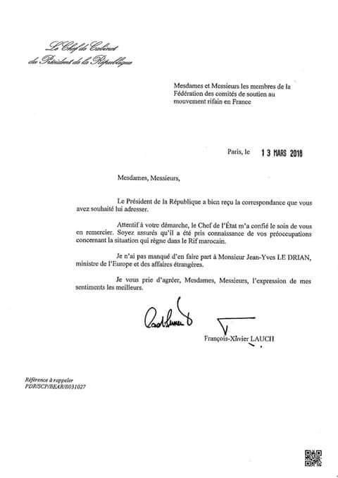 الرئيس الفرنسي ووزير خارجيته يتفاعلان مع رسالة موجهة لهما من فيدرالية لجان حراك الريف بفرنسا