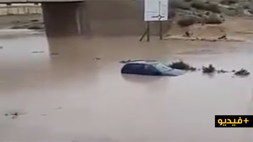 شاهدوا.. غرق سيارتين بطريق العروي بسبب الأمطار الغزيرة