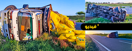 شاهدوا.. انقلاب شاحنة يتسبب في خسائر مادية وإصابة