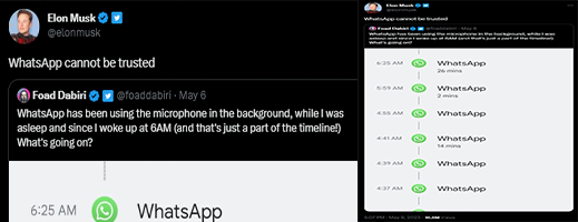 "واتساب" يشغل الميكروفون تلقائيا.. وملياردير يعلق.. لا يمكن الوثوق في التطبيق "واتساب" يشغل الميكروفون تلقائيا.. وملياردير يعلق.. لا يمكن الوثوق في التطبيق