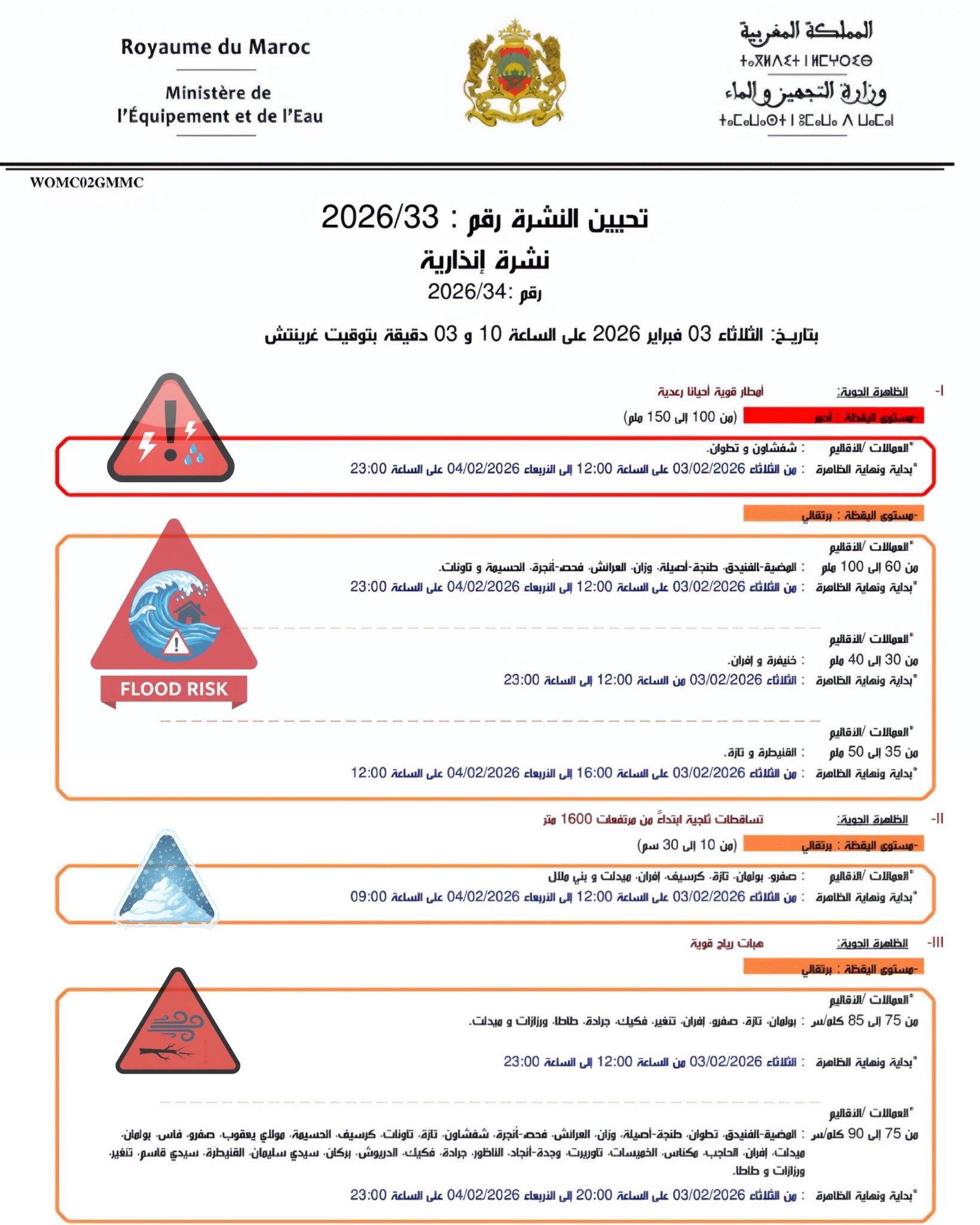نشرة إنذارية.. أمطار طوفانية في عدة أقاليم بما في ذلك الحسيمة ورياح عاتية بالناظور