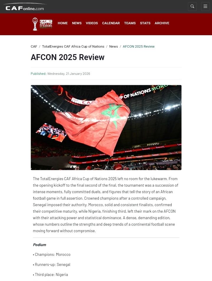 الموقع الرسمي للكاف يُتوج المغرب بطلاً لأفريقيا